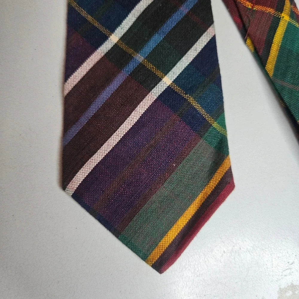 Vintage Rooster Mens Plaid Cotton Necktie Multi Color Made in USA Preppy Tie